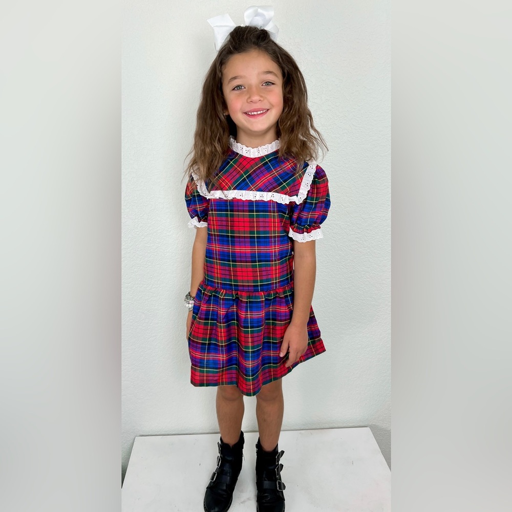 Vintage 80s Plaid Dress Lace Collar Puff Sleeves, Girls 5T